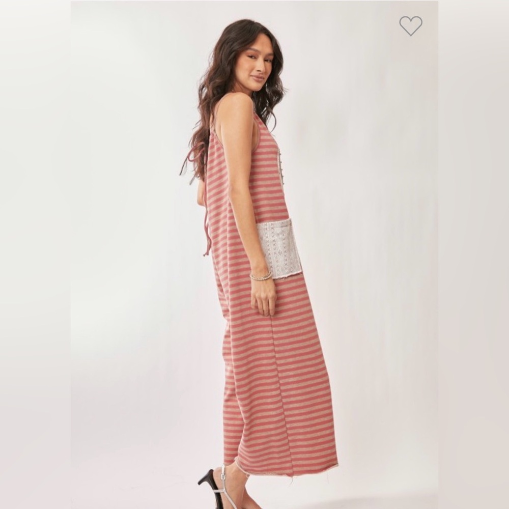 Striped Pink Overalls with Heart Design. Striped French Terry Heart Jumpsuit - Picture 3 of 6